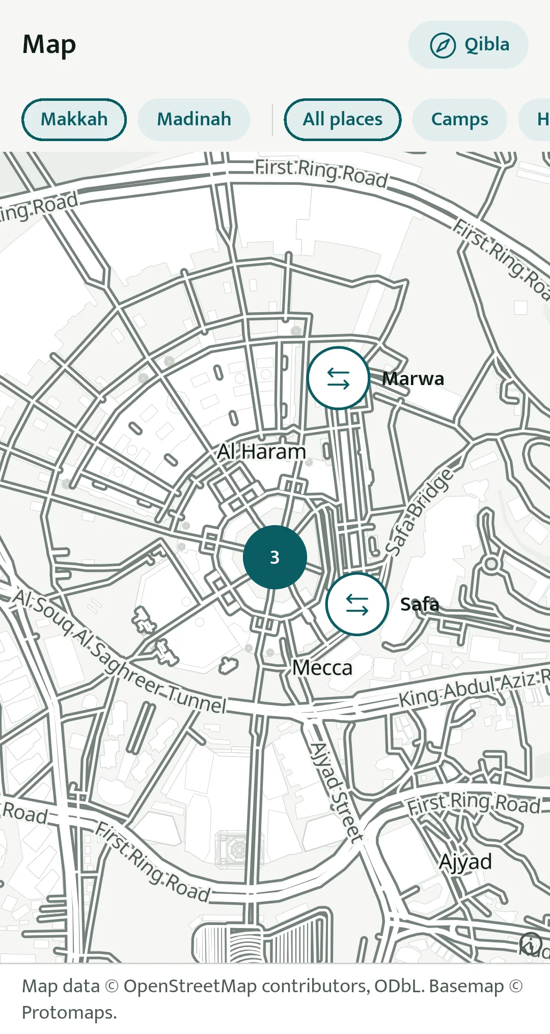 A screen of the app: the offline map of Makkah, with Al Haram, Safa and Marwa marked and the OpenStreetMap credit below it.