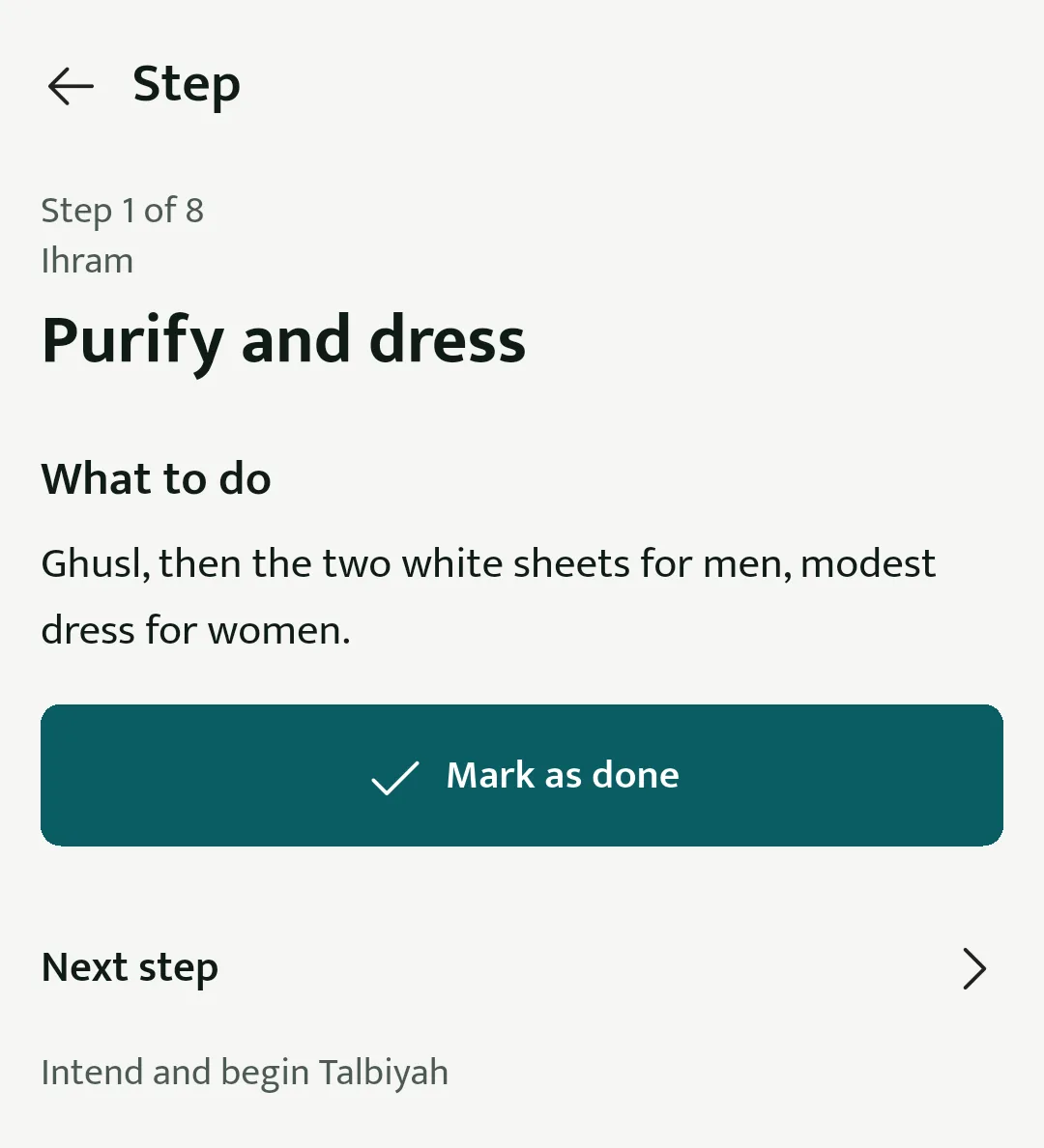 A screen of the app: step 1 of 8 of Umrah, with what to do and a button to mark it done.